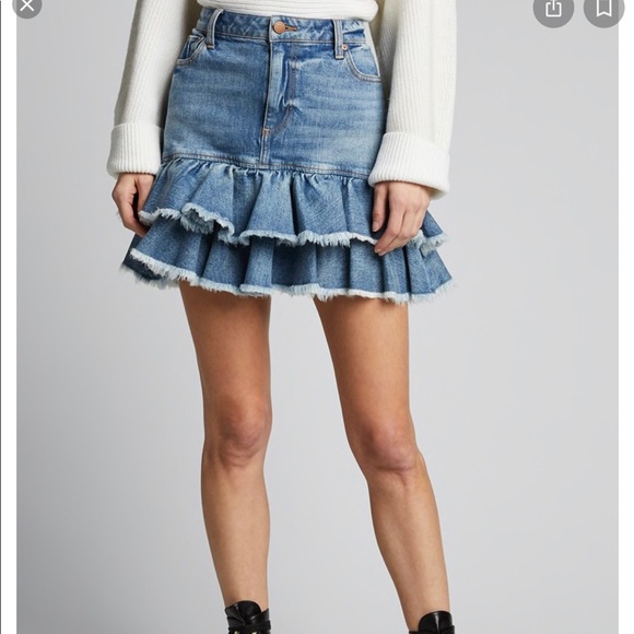 $265 Alice + Olivia Ruffle Hem Denim Mini Skirt High Waisted Tiered Jean Size 0 - Picture 2 of 10
